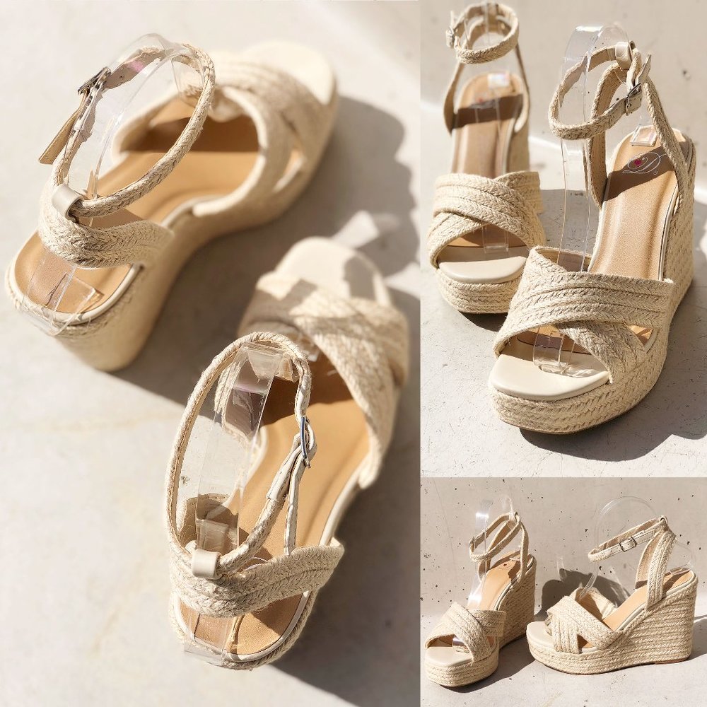 NEW Natural Jute Braid Straw Crisscross Strap Espadrille Platform Wedges Sandals - Picture 10 of 13